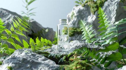 Canvas Print - Pharma vial mockup surrounded by natural rock formations and green ferns