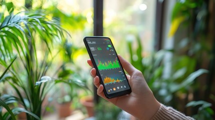 Wall Mural - a close-up of hands holding a smartphone with a stock trading app.