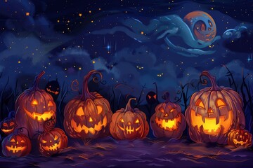 Wall Mural - A collection of Halloween pumpkins with various scary expressions