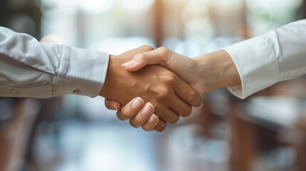 Wall Mural - Two people shaking hands in a business setting