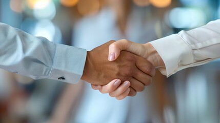 Wall Mural - Two people shaking hands in a business setting