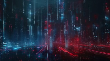 Digital Cityscape with Red and Blue Lights