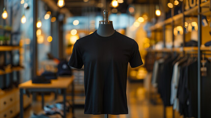 Wall Mural - Black plain t-shirt mockup in store displayed on mannequin, clothing store background, Ai generated Images