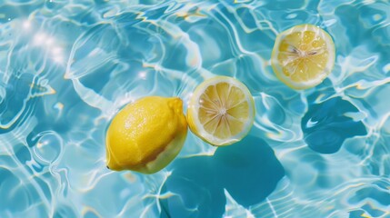 A lemon and a slice of lemon are floating in the water