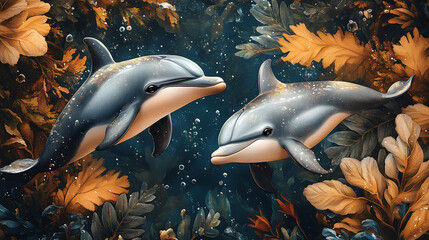 Sticker - illustration of two cute dolphins with sea background