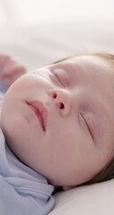 Sticker - Tired, sleeping and newborn baby in a bedroom at a home in the bedroom for resting and dreaming. Cute, sweet and little infant, child or kid taking a nap in the morning in nursery at family house.