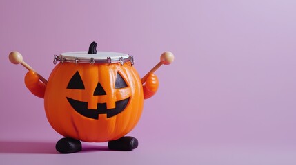 A photo of a jack-o'-lantern delighted playing a tambourine, isolated on a light purple background 