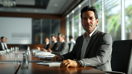 Wall Mural - A man in a suit is sitting at a conference table with several other men in the background