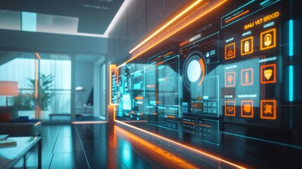 A futuristic room with a large screen displaying a variety of icons and buttons