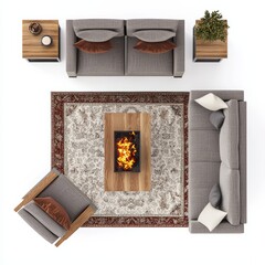 3D Render of a cozy living room with a fireplace, armchairs, and a small coffee table, floor plan, on isolated white