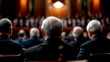 © MP-AI - A group of attendees in formal attire listening attentively during an important meeting in a government setting.