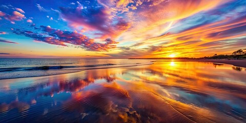 Wall Mural - Vibrant sunset over the calm beach with colorful sky reflecting on the water , sunset, beach, ocean, horizon, beauty