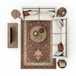 © Box Milk - 3D Render of a traditional living room with a three-piece sofa set, coffee table, and a large area rug, floor plan, on isolated