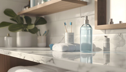 A modern bathroom counter with a white marble countertop, a glass bottle of liquid soap, white towels, and two toothbrushes.