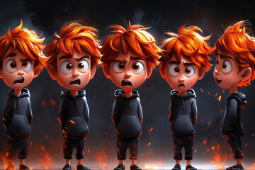 Emotional face cartoon character young office man 3/4 side view design vector illustration set. Happy, smiling, upset, surprised, sad, angry, shouting red hair person flat style concept