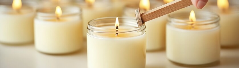 Wall Mural - Lighting a candle with a wooden match.