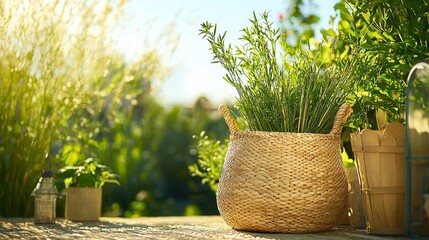 Wall Mural - Wicker Basket With Green Plants in Garden Setting.