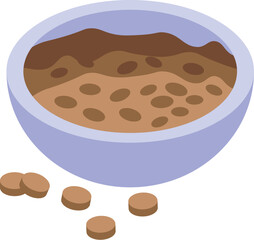 Sticker - Full ceramic bowl containing dry pet food with some kibbles scattered around, perfect for illustrating pet care or food