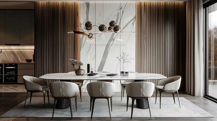 Wall Mural - Gray seats around a modern white marble dining table while the wall is covered with wood planks