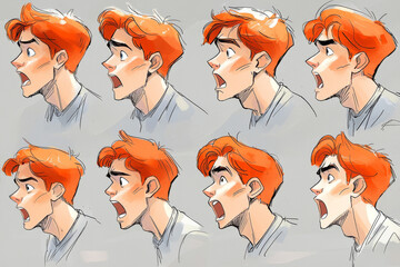 Emotional face cartoon character young office man 3/4 side view design vector illustration set. Happy, smiling, upset, surprised, sad, angry, shouting red hair person flat style concept