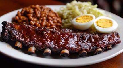 Wall Mural - smoked ribs baked, cowboy beans, fried cabbage and boiled eggs on white plate.