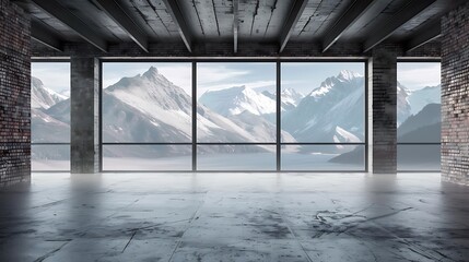 Wall Mural - Ground level of an empty brick building with ink wind mountain skyline with ceiling roof