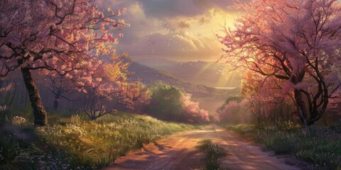 Sticker - A painting of a dirt road with trees and flowers. AI.