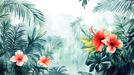 Wall Mural - Watercolor Painting of Tropical Flowers and Lush Foliage