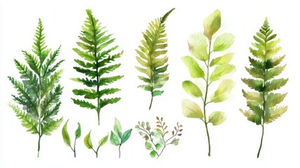 Wall Mural - delicate watercolor collection of ferns and moss on white background