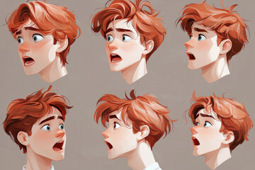 Emotional face cartoon character young office man 3/4 side view design vector illustration set. Happy, smiling, upset, surprised, sad, angry, shouting red hair person flat style concept