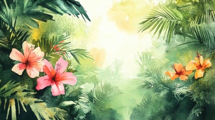 Wall Mural - Watercolor Painting of Hibiscus Flowers and Lush Foliage