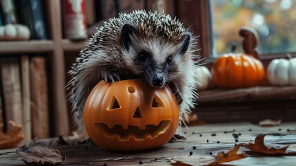 Wall Mural - Halloween decor on a wooden table a little hedgehog