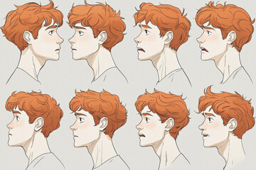 Emotional face cartoon character young office man 3/4 side view design vector illustration set. Happy, smiling, upset, surprised, sad, angry, shouting red hair person flat style concept