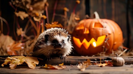 Wall Mural - Halloween decorations on a wooden table for halloween a small hedgehog