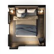 © Box Milk - 3D Render of a cozy bedroom with a queen-size bed, bedside lampse, floor plan, on isolated white background