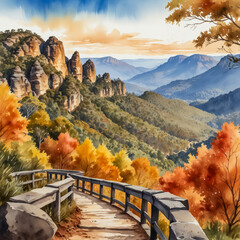 Wall Mural - Watercolor illustration of Blue Mountains National Park in New South Wales during the autumn season.