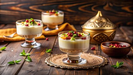 Close-up shot of Ramadan dessert Gullac on a table , Turkish, traditional, sweet, delicious, food, dessert, Ramadan