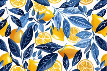 Wall Mural - vibrant_lemon_and_blue_foliage_pattern