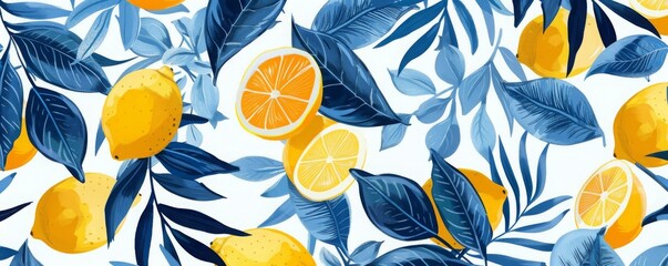 Wall Mural - vibrant_lemon_and_blue_foliage_pattern