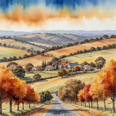 Wall Mural - Watercolor illustration of the Adelaide Hills during the autumn season. The scene should feature the rolling hills and vineyards