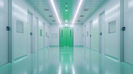 Poster - Interior of bright white room with green closed door in modern hospital : Generative AI