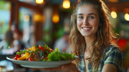 Horizontal image of male hand serving plate of vegetarian dinner in restaurant to a beautiful young woman : Generative AI