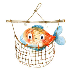 a super cute cartoon net, fishing, full body, colorful, single object, watercolor illustration