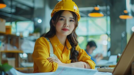 Poster - Diverse engineer team working at the office table with construction plans and architect equipment and planning construction project Focus on an asian vietnamese woman team leader holdi : Generative AI
