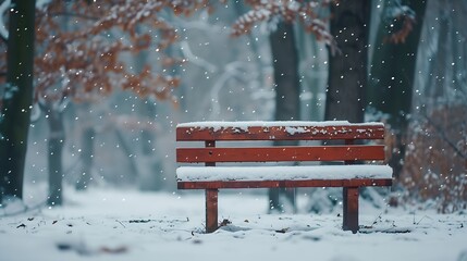 Poster - Bench covered with snow in frozen forest Empty bench in snowy park Winter weather Wooden bench in park in snowfall Peaceful winter nature Climate changes February landscape : Generative AI