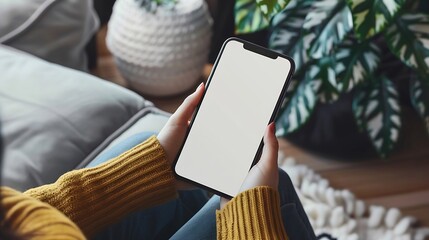 Poster - Mockup image of a woman holding and using mobile phone with blank desktop white screen at home : Generative AI