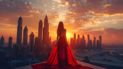 Wall Mural - A beautiful luxury woman in a red dress enjoys the sunset view behind the modern skyline of Dubai city UAE : Generative AI