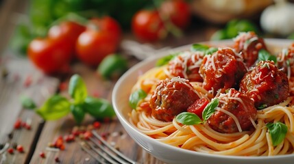 spaghetti with meatballs and tomato sauce italian pasta : Generative AI