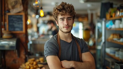 Poster - Weve got all your favourite toppings Shot of a handsome young man standing alone inside his restaurant during the day : Generative AI