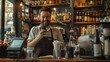 © Generative AI - Smiling busy bartender barista shop owner assistant barman checking goods while talking on phone receiving orders from customers clients in small cafeteria : Generative AI